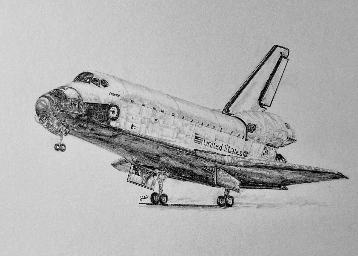 Detailed pencil drawing of a Space Shuttle orbiter touching down with its landing gear deployed