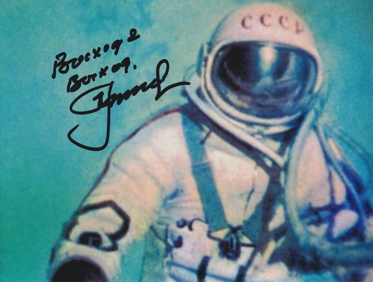 Signed color photo of Alexei Leonov in his spacesuit during the first spacewalk (Voskhod 2)