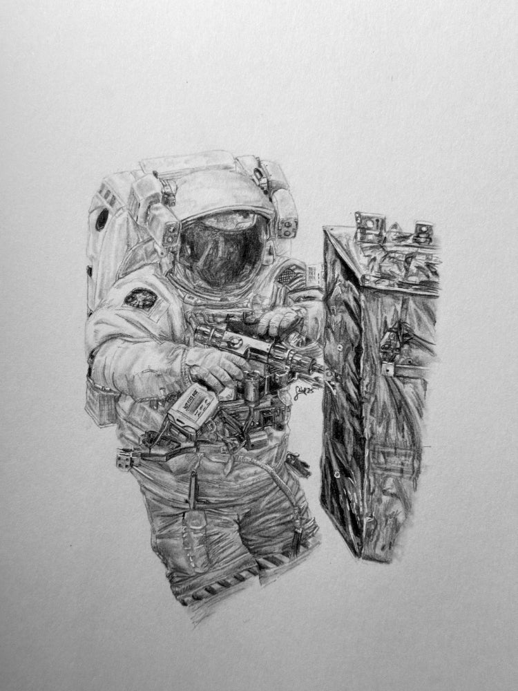 Astronaut performing repairs in space. Hand-drawn EVA illustration and Fine Art Print by Art of a Space Nerd.