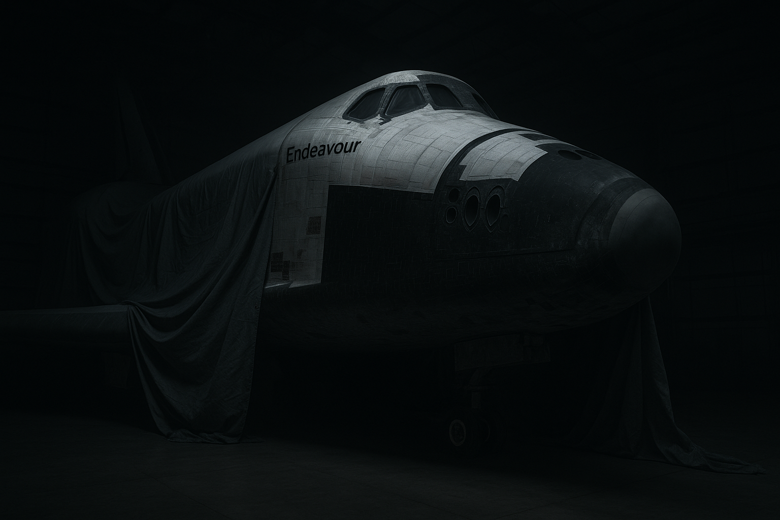 Space shuttle Endeavour in a dark hangar, partially covered by a cloth. The lighting highlights the nose and cockpit windows, while the rest remains in shadow – evoking a solemn moment of technological stillness.