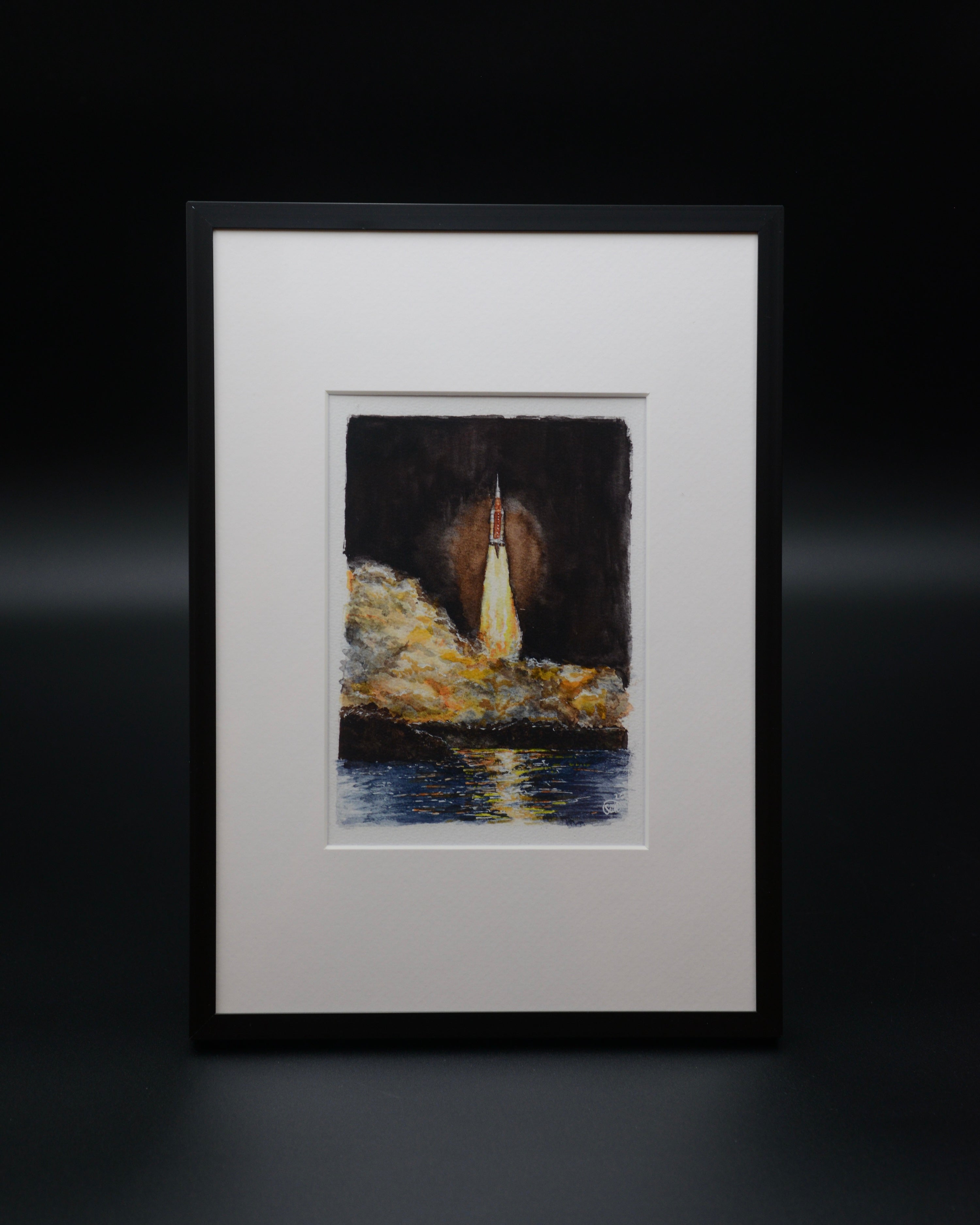 Vibrant watercolor fine art print of the Artemis I launch aboard NASA’s Space Launch System (SLS), created by space artist Sina Rathai. Hand-signed and printed on premium Hahnemühle fine art paper with archival pigment inks, celebrating the first mission of NASA’s Artemis program and Orion’s journey around the Moon.