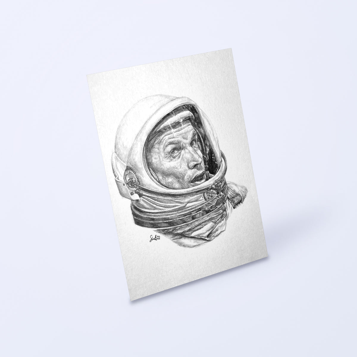 Pencil drawing of a Gemini astronaut in a pressure suit helmet as a fine art print, shown at an angle on a light background