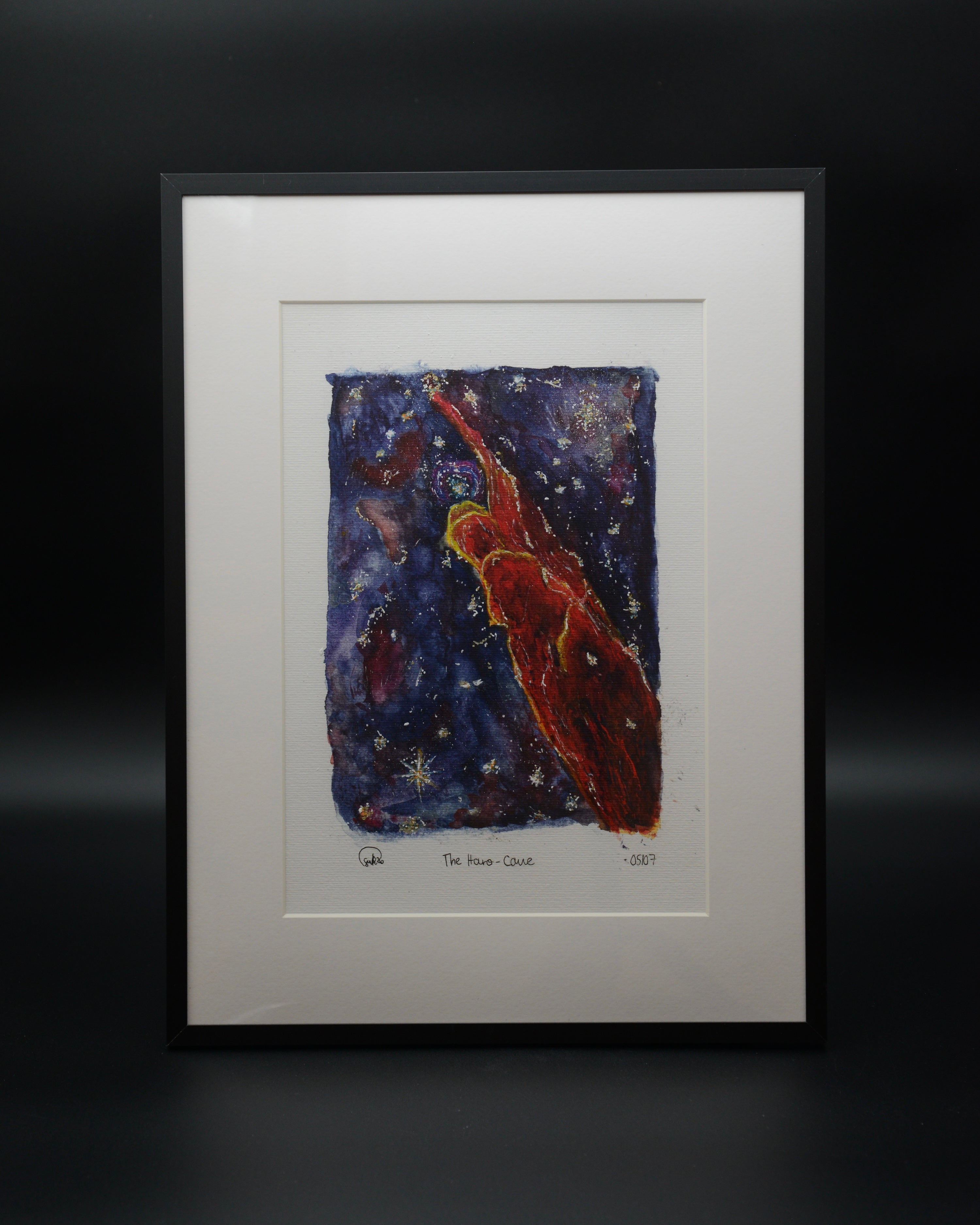Vibrant watercolor fine art print of Herbig-Haro 49/50, the Cosmic Tornado, inspired by James Webb Space Telescope imagery. Hand-enhanced with white highlights and signed by space artist Sina Rathai in a limited edition of seven prints on Hahnemühle fine art paper.