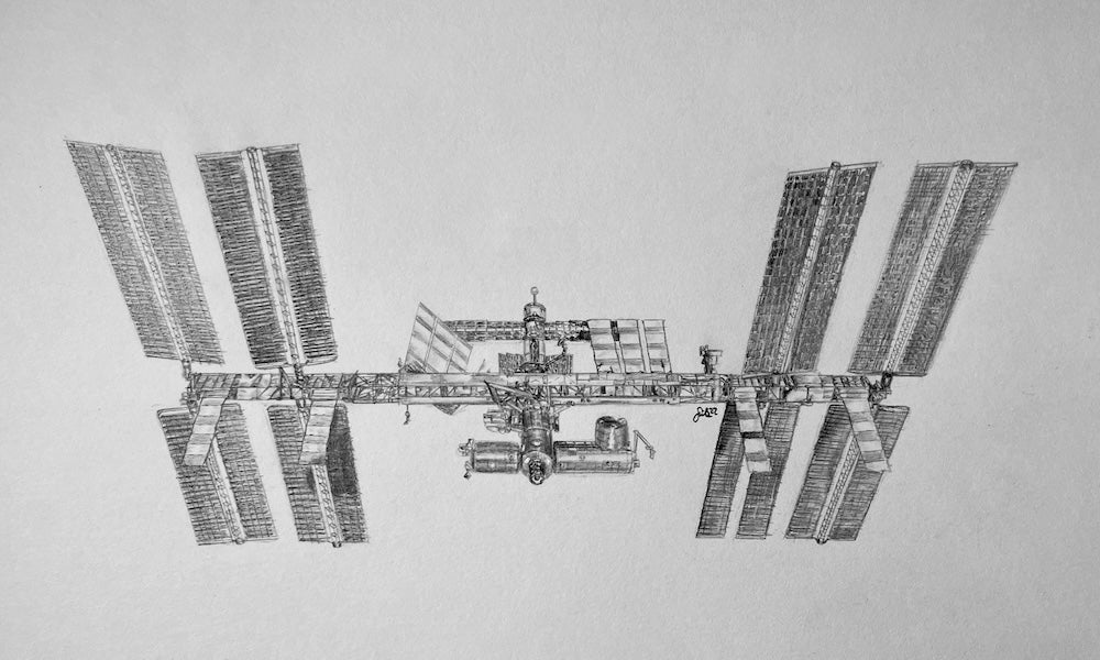 Detailed pencil drawing of the International Space Station (ISS), showcasing humanity’s largest orbiting laboratory in a fine art print created by space artist Sina Rathai. Featuring intricate technical details and celebrating international cooperation in space exploration.