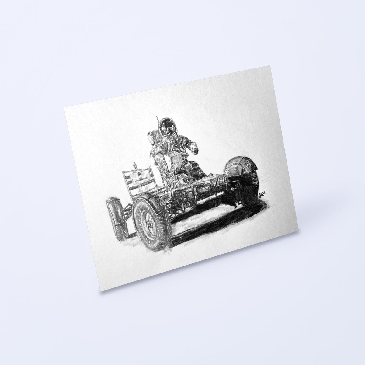 Pencil drawing of an astronaut driving the Apollo Lunar Roving Vehicle as a fine art print, angled view
