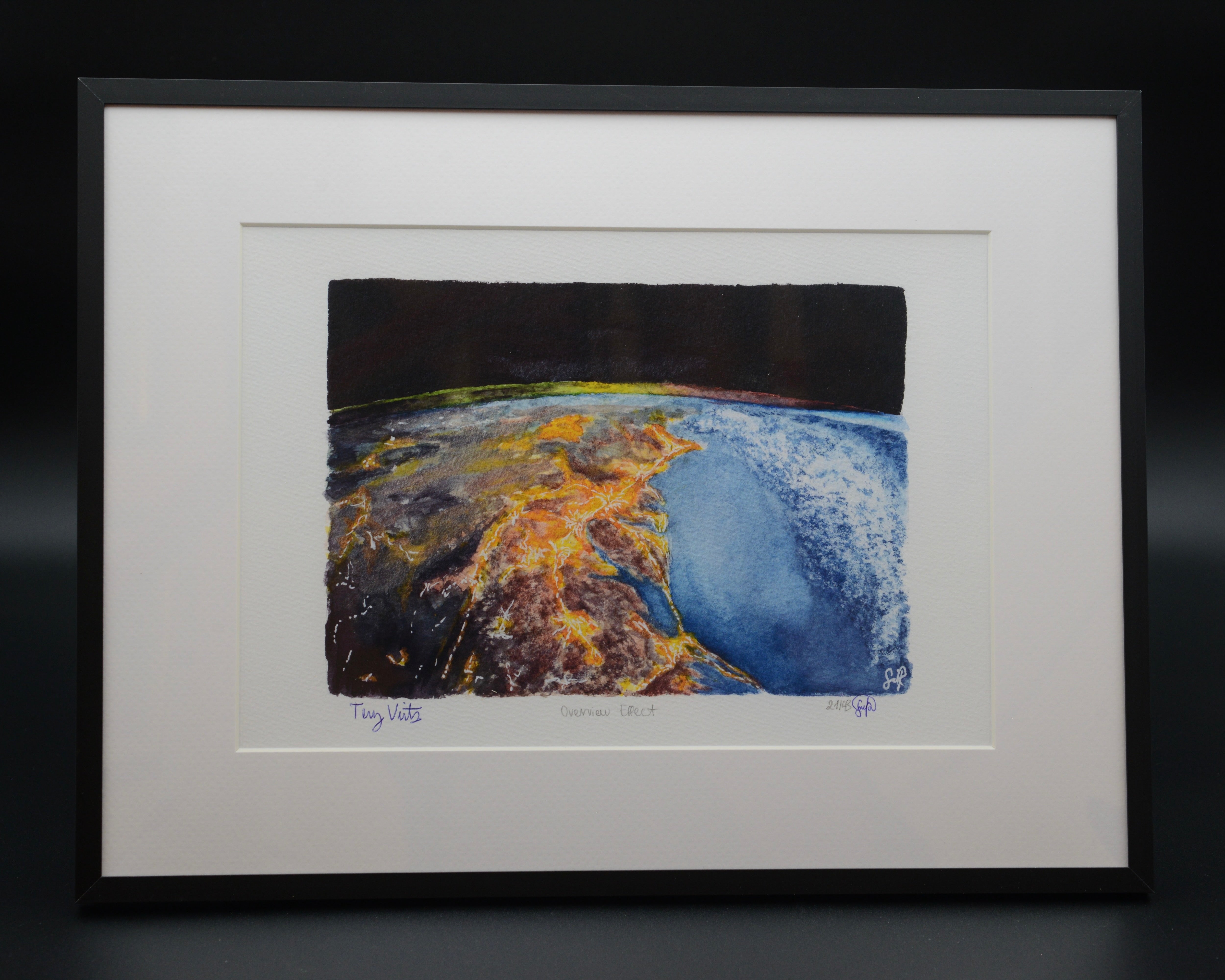 Overview Effect limited edition fine art print depicting the eastern coastline of the United States from orbit with Earth’s thin atmosphere visible. Created by space artist Sina Rathai and hand-signed by former NASA astronaut Terry Virts, this framed A3 artwork is inspired by the astronaut experience of seeing Earth from space and the profound Overview Effect. Created in collaboration with the View from Above exhibition.