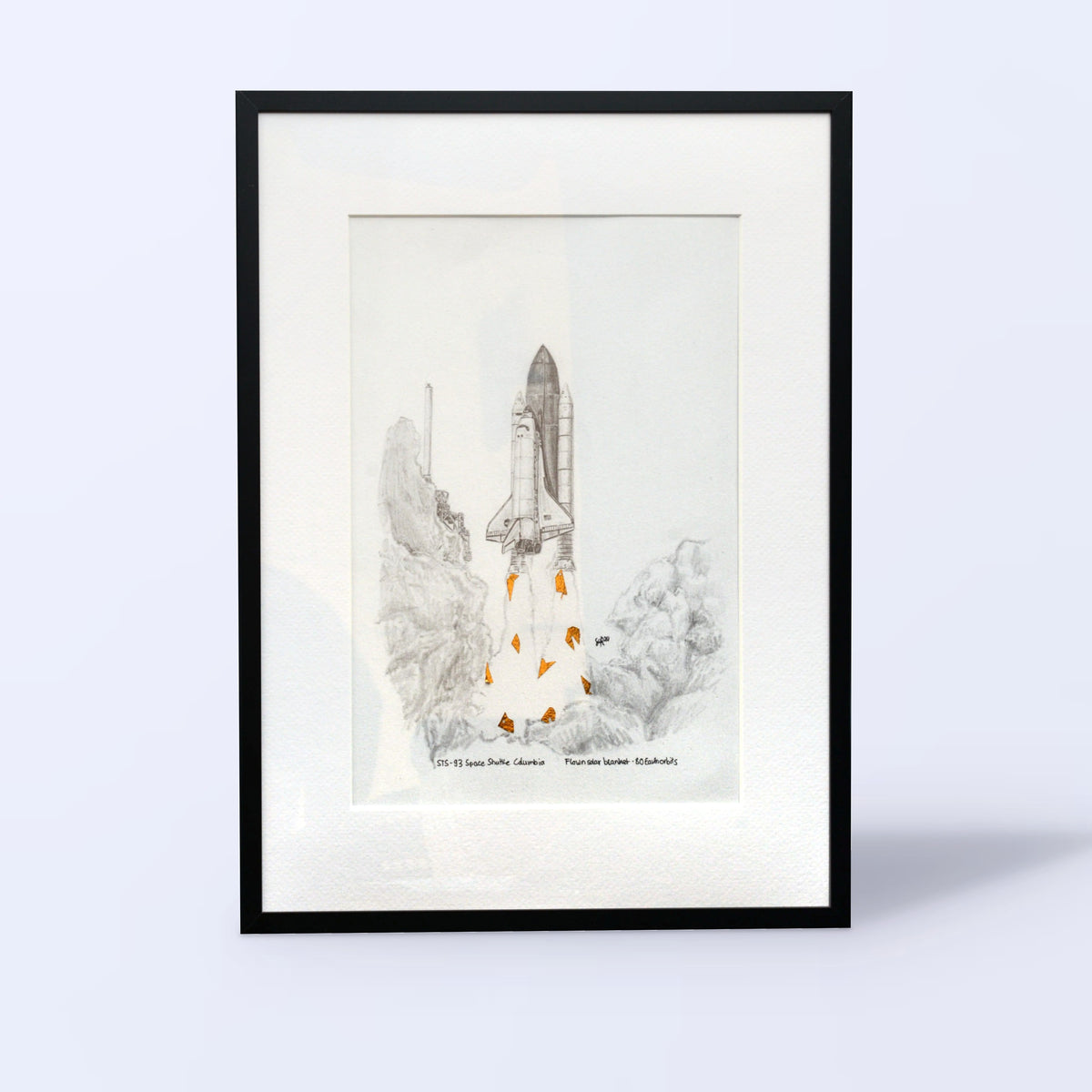 Space Shuttle launch drawing with flown STS-93 solar blanket fragments, black A3 frame with white mat, front view