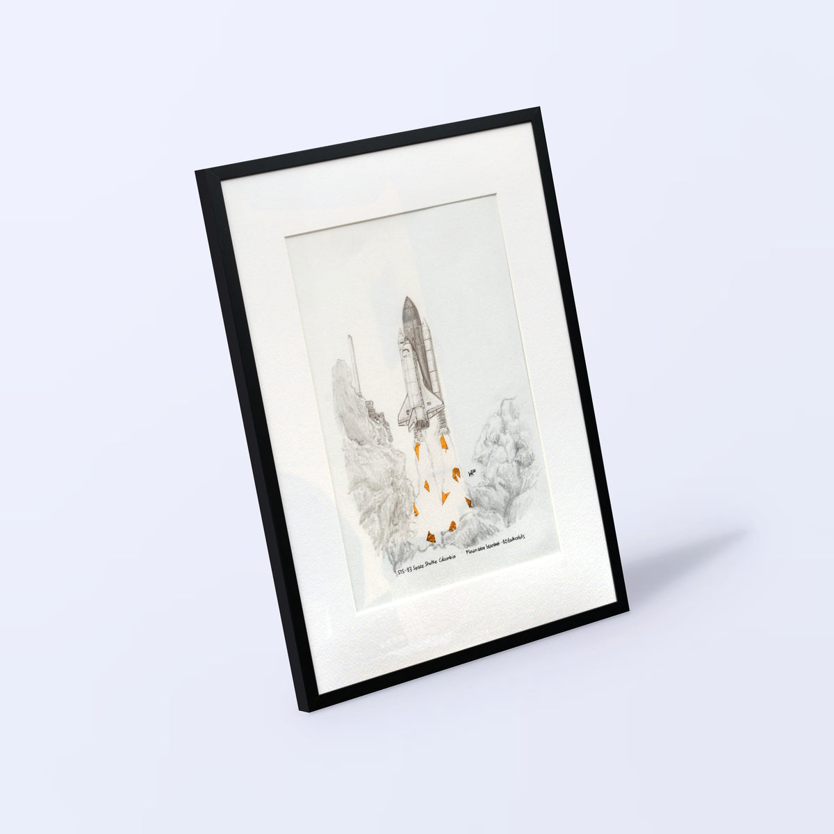 Space Shuttle launch drawing with flown STS-93 solar blanket fragments, black A3 frame with white mat, angled view