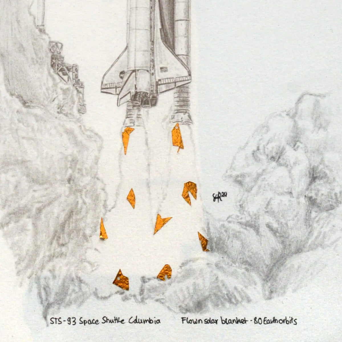 Close-up of the Space Shuttle launch drawing: flown STS-93 solar blanket fragments in the plume, handwritten caption