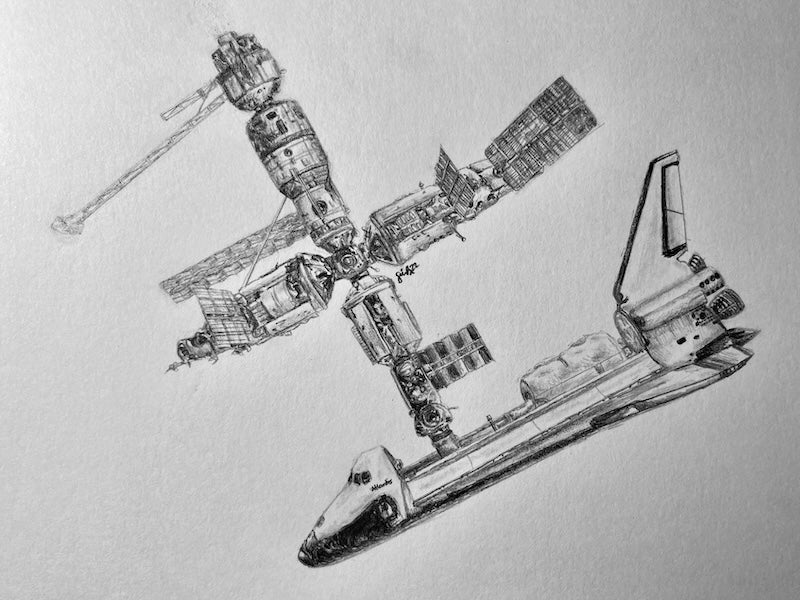 Detailed Space Shuttle pencil drawing created by a space artist, available as a fine art print featuring realistic spacecraft artwork and aerospace heritage inspiration.