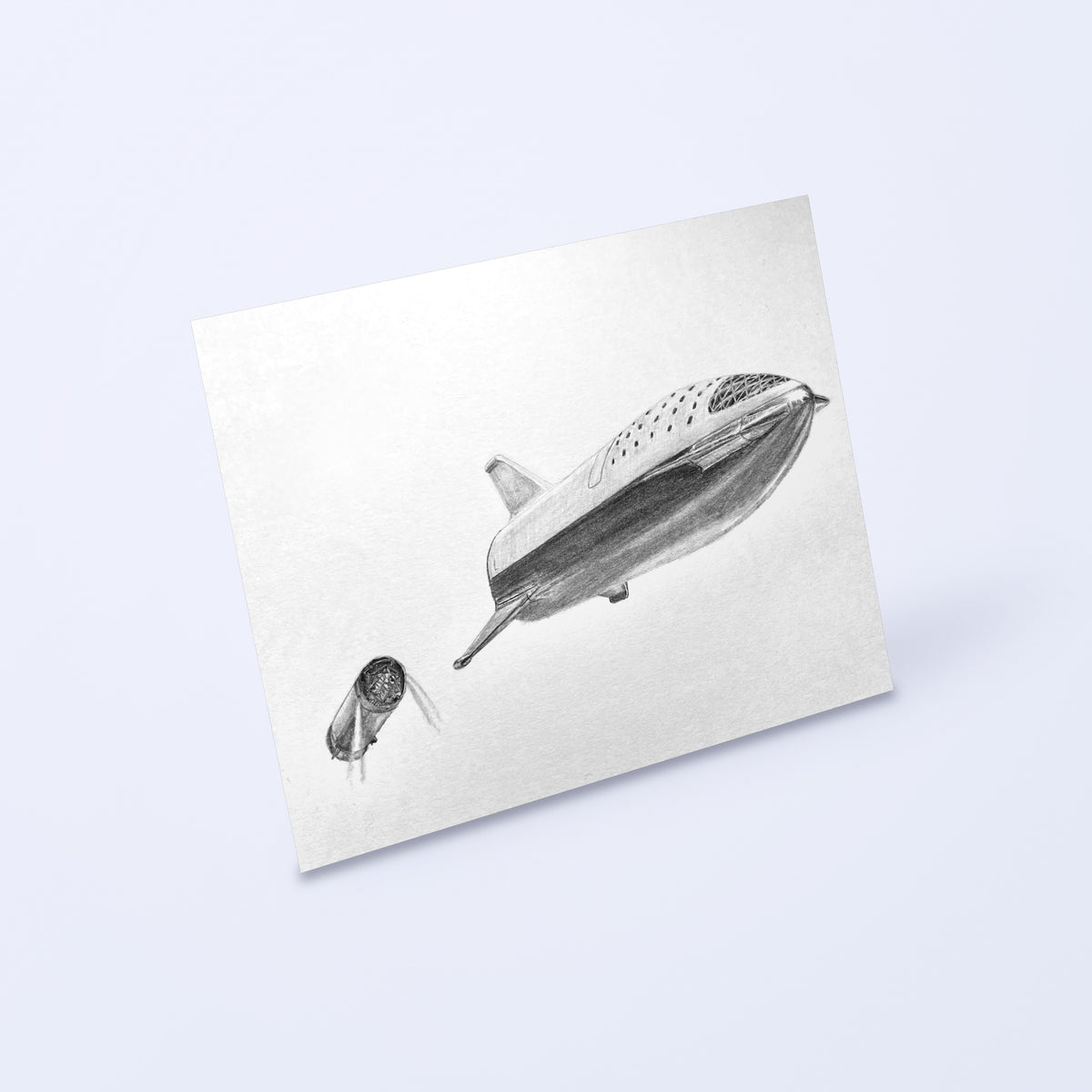 Drawing of SpaceX Starship in space as a fine art print, shown at an angle on a light background
