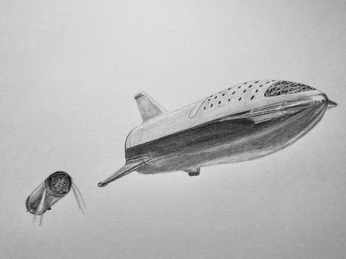 SpaceX Starship traveling through space in a detailed artwork, showcasing the next generation of deep-space exploration and human spaceflight.