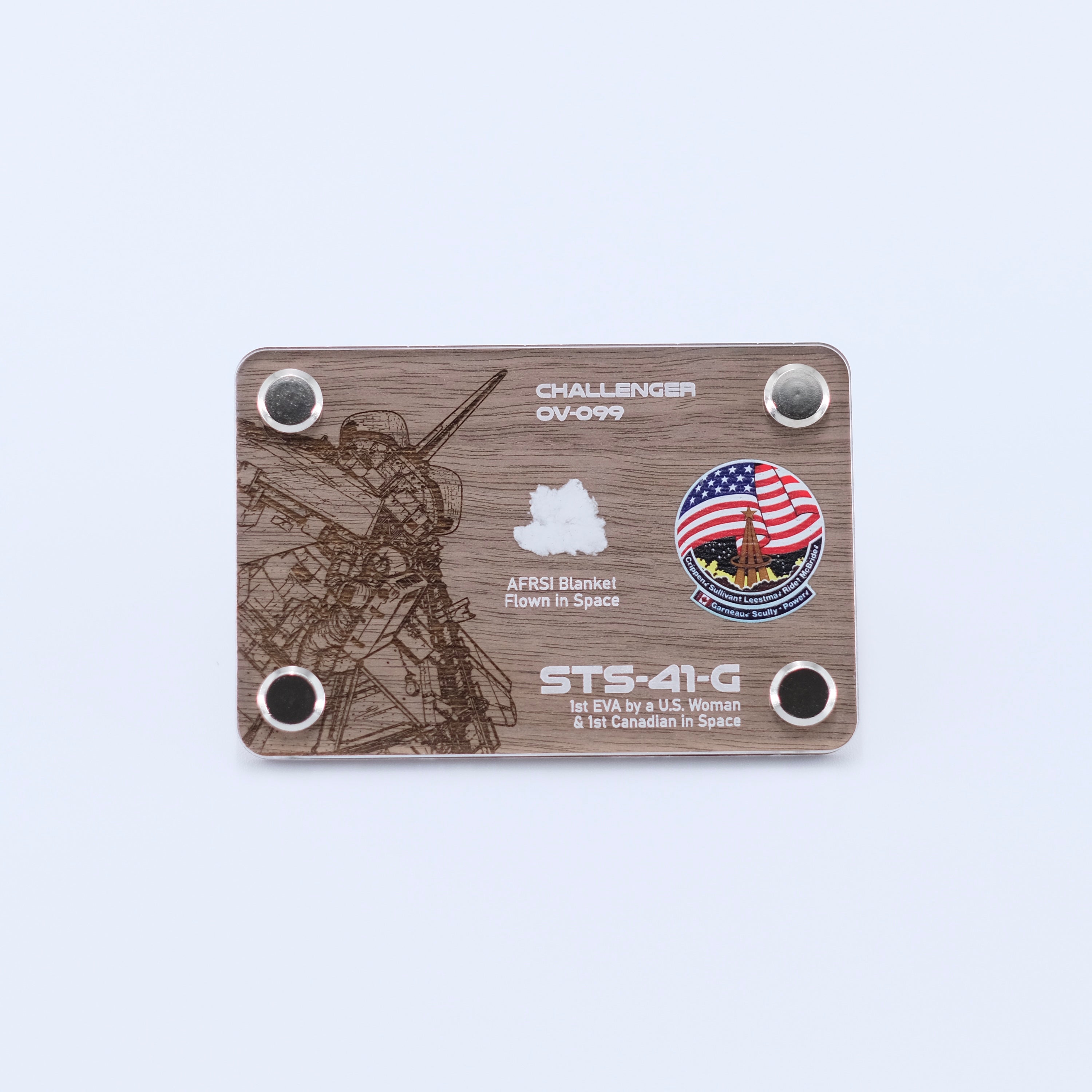 Authentic flown AFRSI thermal blanket artifact from Space Shuttle Challenger STS-41-G, the mission featuring the first spacewalk by a U.S. woman and the first Canadian in space, displayed in a handcrafted collectible card.