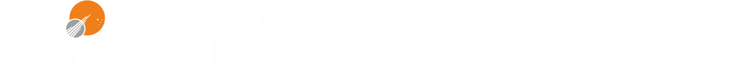 The New Space Age official logo with white text and orange planet icon on a transparent background.