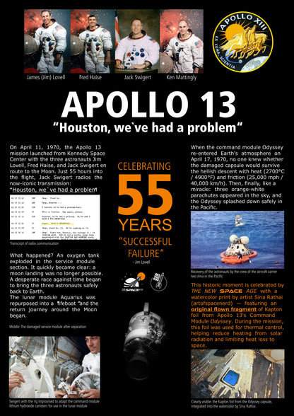 Apollo 13 55th-anniversary infographic. Top: Portraits of Lovell, Haise, Swigert, Mattingly, and the mission patch. Left/Center: Details the 1970 launch, oxygen tank explosion, and Aquarius lifeboat rescue with historical photos. Right: Safe Pacific splashdown. Bottom: Promotes a The New Space Age exclusive watercolor print by Sina Rathai, featuring an actual flown piece of Kapton thermal foil from the Odyssey module.