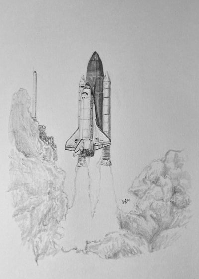 Space Shuttle Endeavour launch, detailed pencil drawing by Art of a Space Nerd as a fine art print on archival paper
