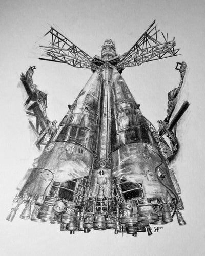 Soyuz rocket on the launch pad, low-angle pencil drawing with booster engines and gantry arms by Art of a Space Nerd