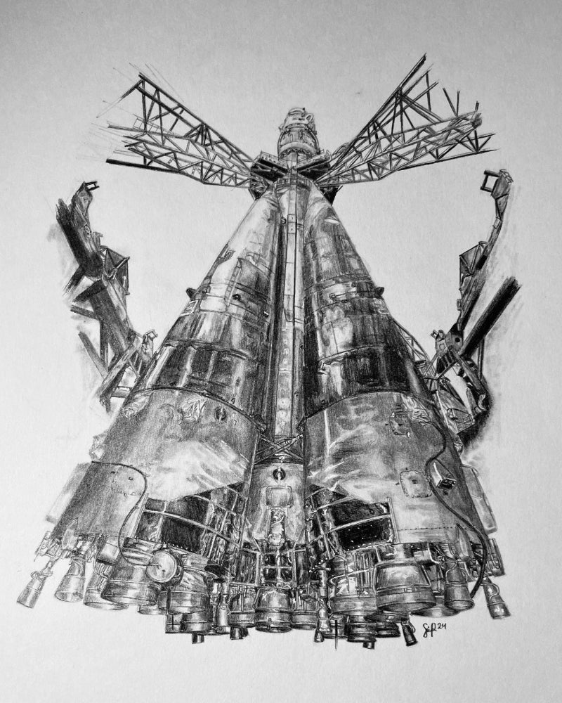 Soyuz Rocket on Launch Pad Fine Art Print by Art of a Space Nerd. Dramatic low-angle pencil drawing showing the booster engines and launch gantry arms.