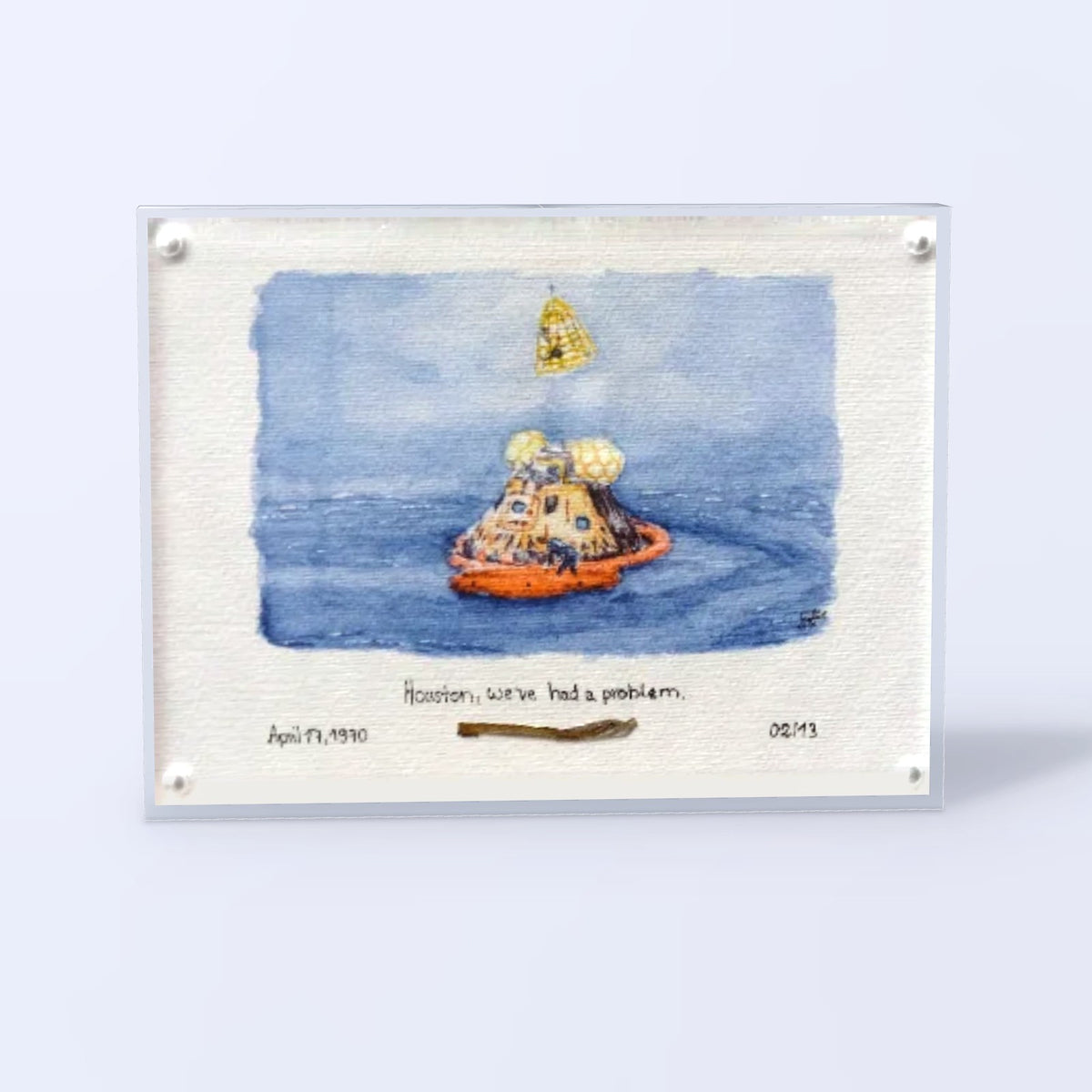 Apollo 13 acrylic block with a splashdown watercolor fine art print and a flown Kapton foil fragment, front view