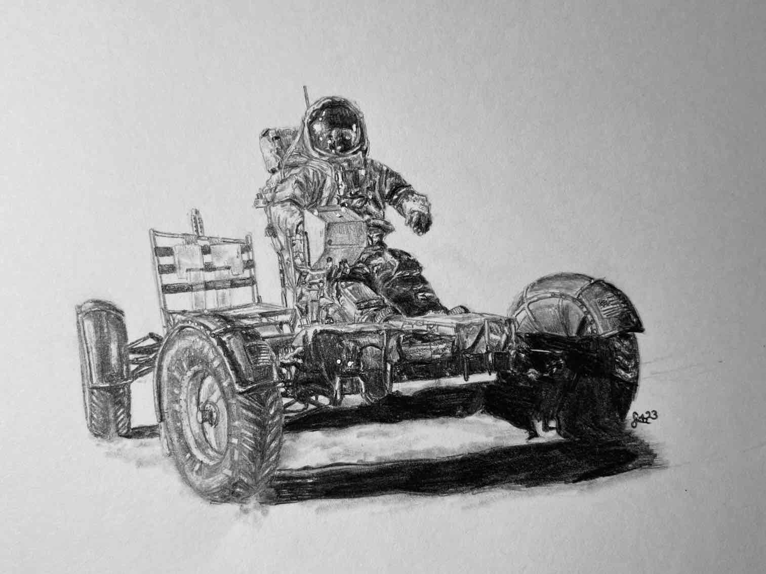 Pencil drawing of an Apollo-era astronaut driving the Lunar Roving Vehicle rover on the Moon, detailed hand-drawn space art