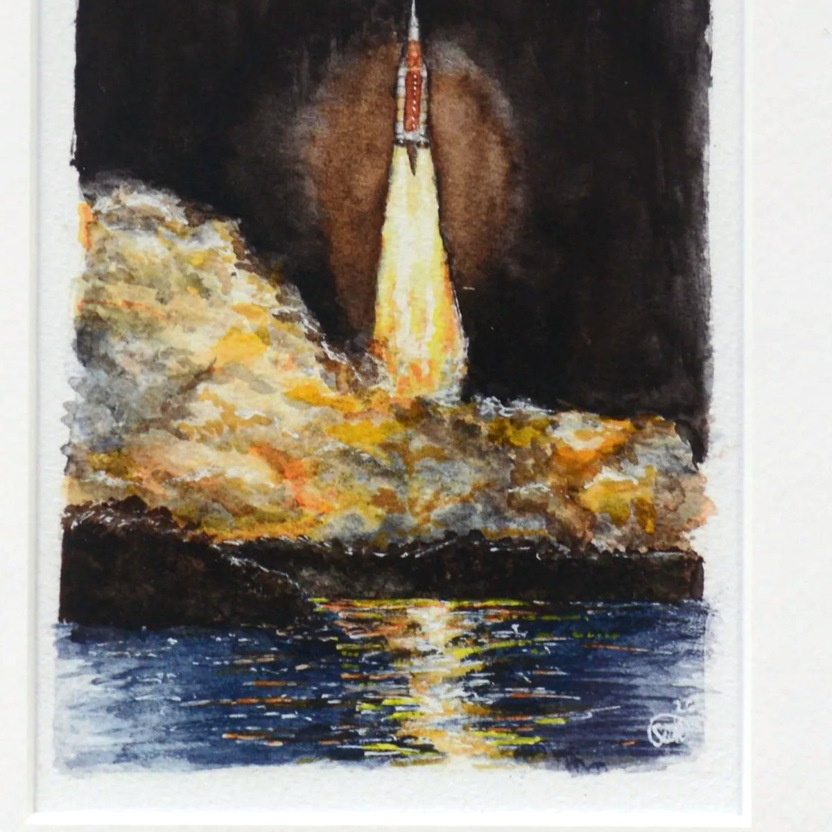 Artemis I watercolor fine art print, close-up of the launch scene with signature