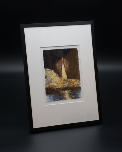 Vibrant watercolor fine art print of the Artemis I launch aboard NASA’s Space Launch System (SLS), created by space artist Sina Rathai. Hand-signed and printed on premium Hahnemühle fine art paper with archival pigment inks, celebrating the first mission of NASA’s Artemis program and Orion’s journey around the Moon. 