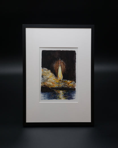 Vibrant watercolor fine art print of the Artemis I launch aboard NASA’s Space Launch System (SLS), created by space artist Sina Rathai. Hand-signed and printed on premium Hahnemühle fine art paper with archival pigment inks, celebrating the first mission of NASA’s Artemis program and Orion’s journey around the Moon.