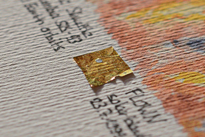 Close-up photo of a flown Space Shuttle Columbia STS-93 solar blanket fragment mounted on an artwork card by The New Space Age.