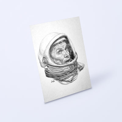 Pencil drawing of a Gemini astronaut in a pressure suit helmet as a fine art print, shown at an angle on a light background