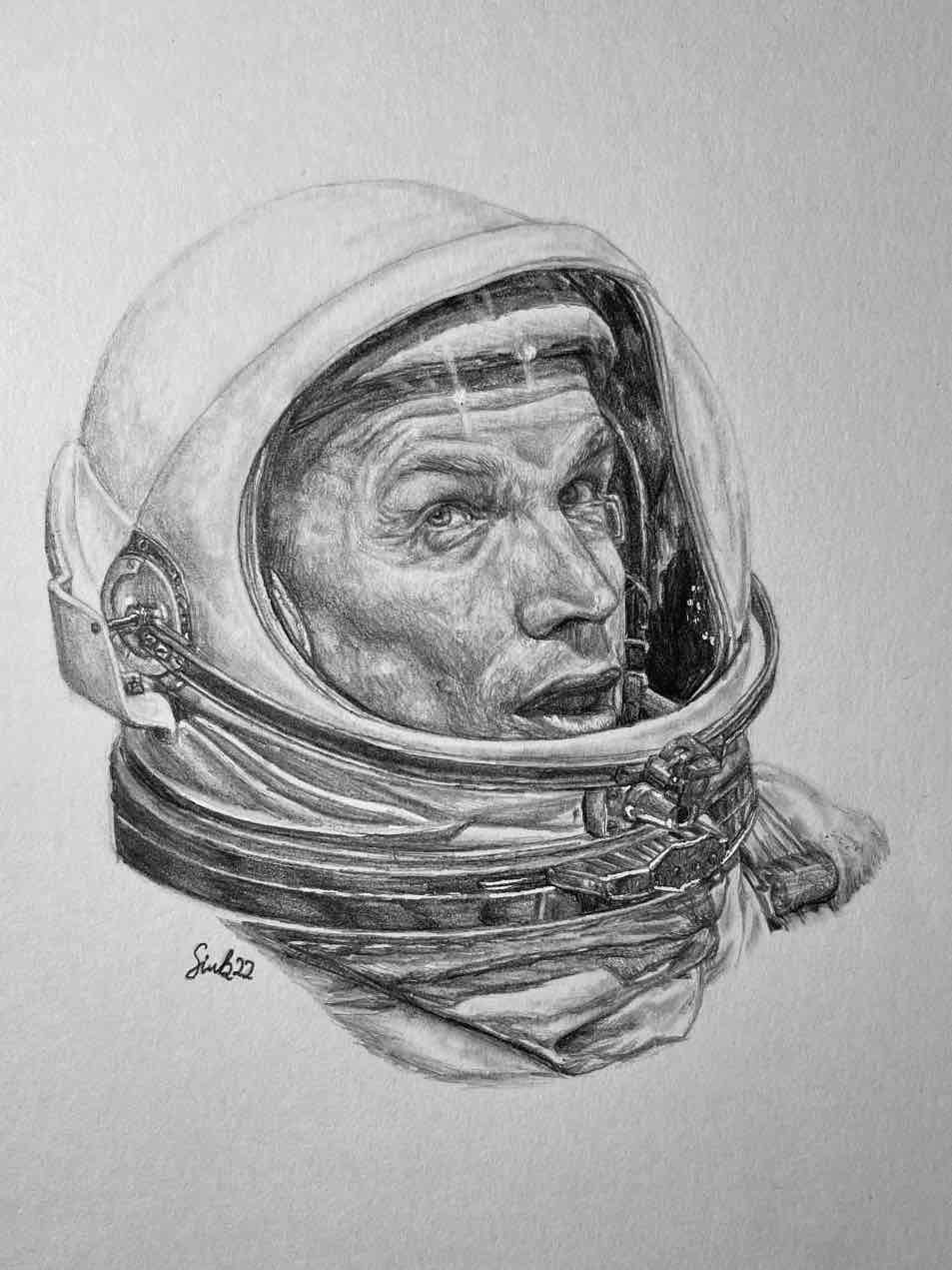 Pencil drawing of a Gemini program astronaut wearing an early NASA pressure suit helmet, detailed hand-drawn space art