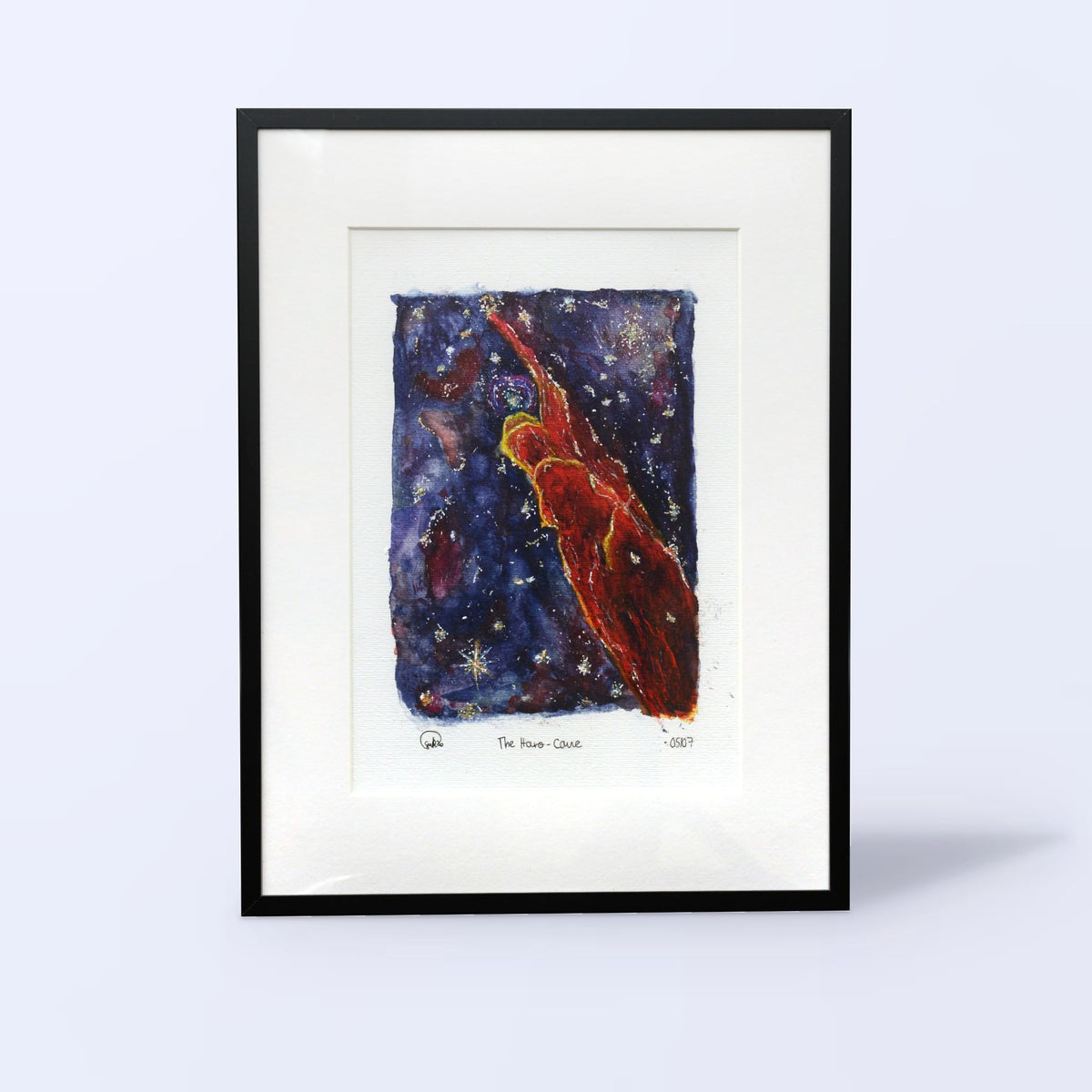 Haro-Cane watercolor fine art print of Herbig-Haro 49/50 in a black frame with white mat, front view