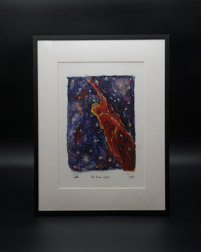 Vibrant watercolor fine art print of Herbig-Haro 49/50, the Cosmic Tornado, inspired by James Webb Space Telescope imagery. Hand-enhanced with white highlights and signed by space artist Sina Rathai in a limited edition of seven prints on Hahnemühle fine art paper.