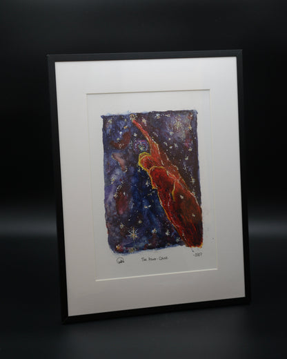 Vibrant watercolor fine art print of Herbig-Haro 49/50, the Cosmic Tornado, inspired by James Webb Space Telescope imagery. Hand-enhanced with white highlights and signed by space artist Sina Rathai in a limited edition of seven prints on Hahnemühle fine art paper.