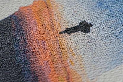 Detail photo of a watercolor showing the  Space Shuttle Discovery STS-82 artwork by The New Space Age.