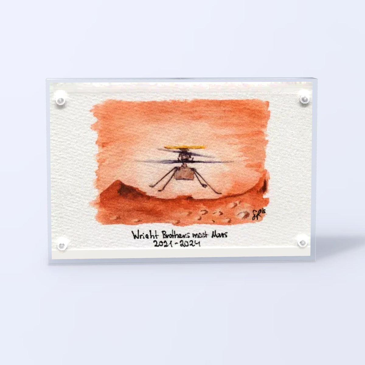 Ingenuity Mars helicopter watercolor fine art print Wright Brothers meet Mars in an acrylic block, front view