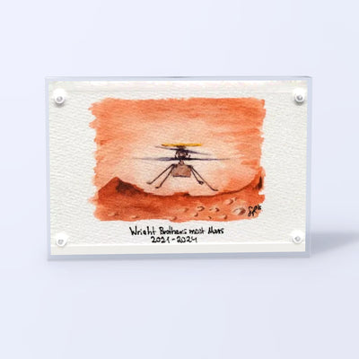 Ingenuity Mars helicopter watercolor fine art print Wright Brothers meet Mars in an acrylic block, front view