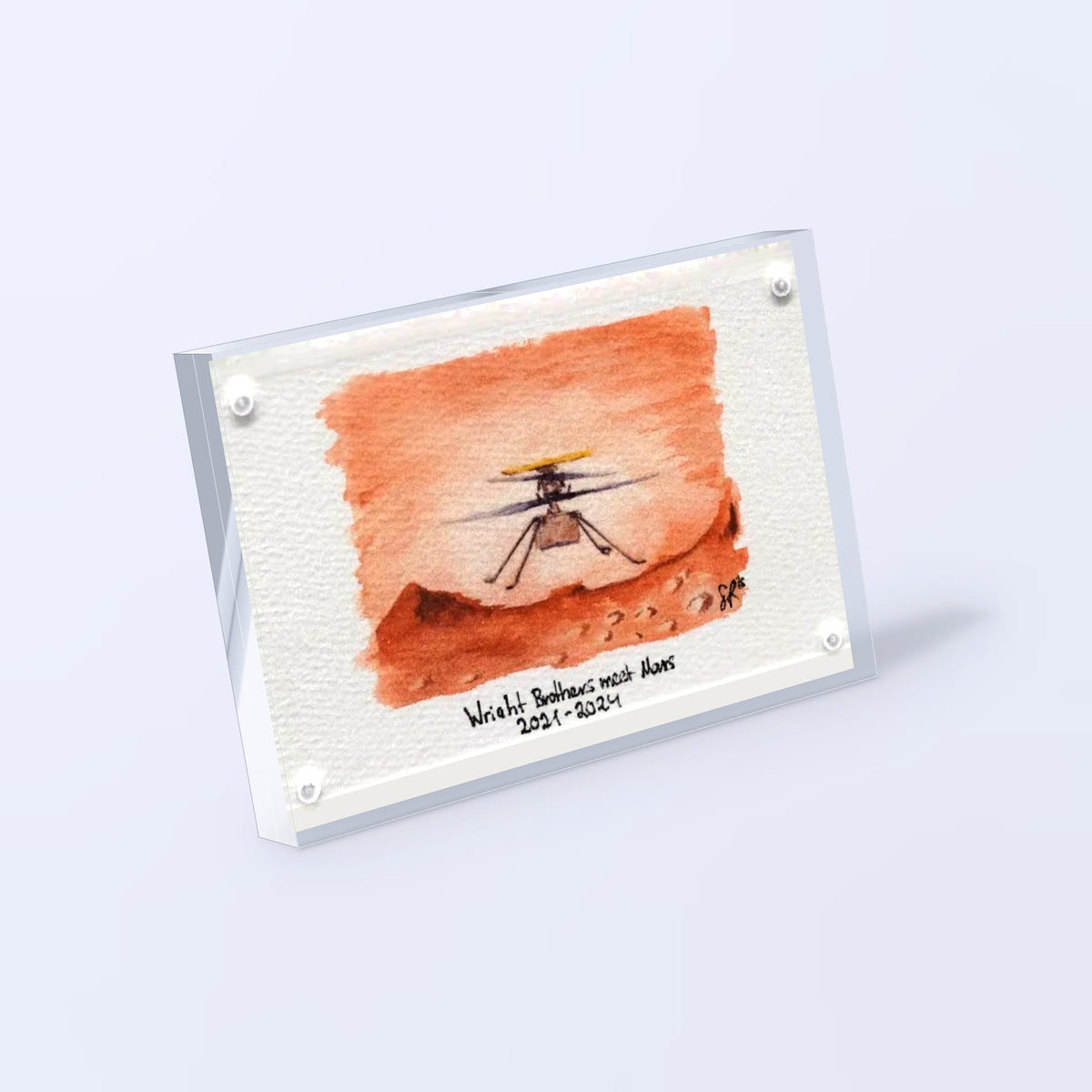 Ingenuity Mars helicopter watercolor print “Wright Brothers meet Mars” in an acrylic block, angled view