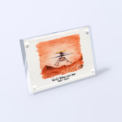 Ingenuity Mars helicopter watercolor print “Wright Brothers meet Mars” in an acrylic block, angled view