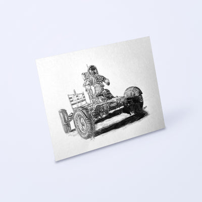 Pencil drawing of an astronaut driving the Apollo Lunar Roving Vehicle as a fine art print, angled view