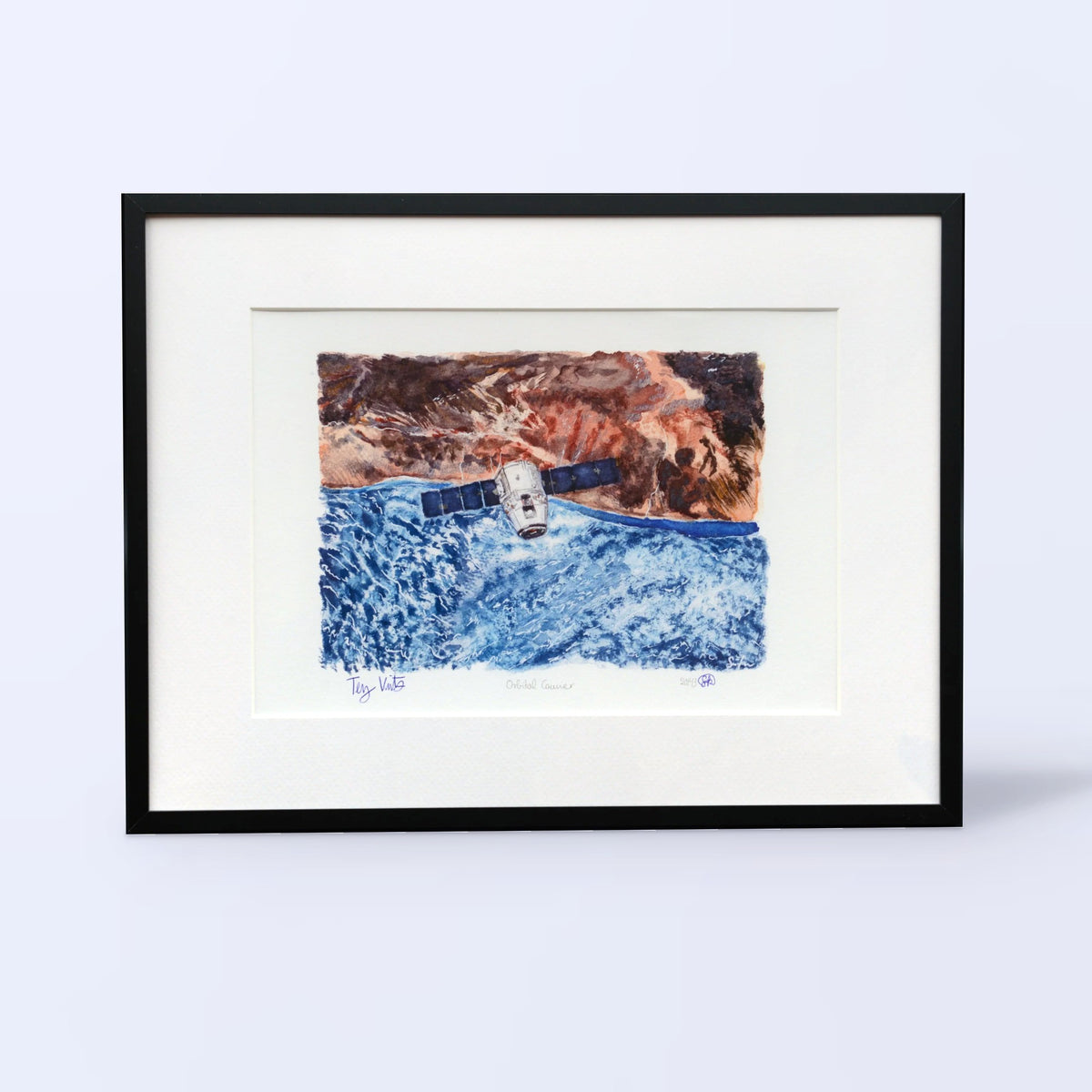 Orbital Courier fine art print in a black frame with white mat, front view