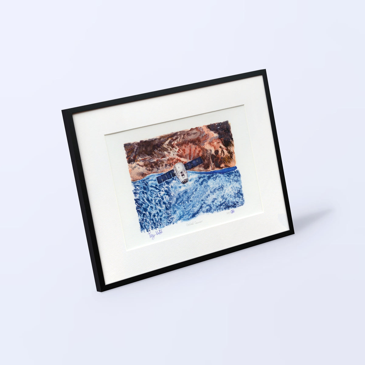 Orbital Courier fine art print in a black frame with white mat, shown at an angle on a light background
