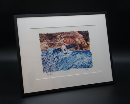Orbital Courier limited edition fine art print featuring a SpaceX Cargo Dragon spacecraft in orbit above Earth. Hand-signed by former NASA astronaut Terry Virts and space artist Sina Rathai, this framed A3 artwork is inspired by the Overview Effect and celebrates the beauty and fragility of our planet from space. Created in collaboration with the View From Above Exhibition.
