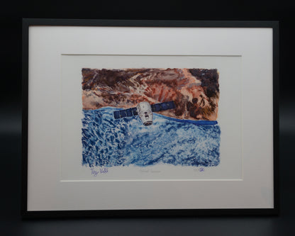 Orbital Courier limited edition fine art print featuring a SpaceX Cargo Dragon spacecraft in orbit above Earth. Hand-signed by former NASA astronaut Terry Virts and space artist Sina Rathai, this framed A3 artwork is inspired by the Overview Effect and celebrates the beauty and fragility of our planet from space. Created with the View From Above Exhibition.