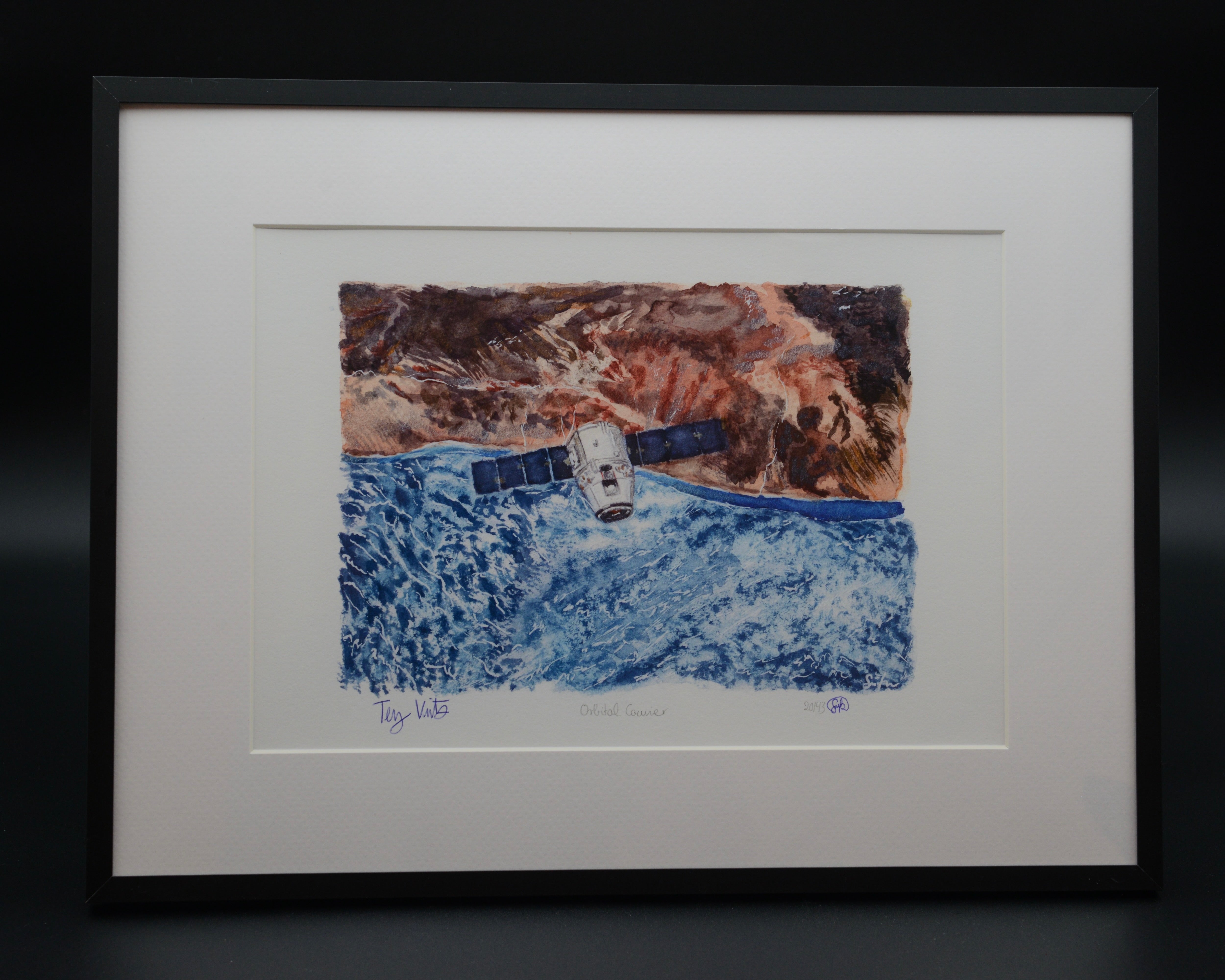 Orbital Courier limited edition fine art print featuring a SpaceX Cargo Dragon spacecraft in orbit above Earth. Hand-signed by former NASA astronaut Terry Virts and space artist Sina Rathai, this framed A3 artwork is inspired by the Overview Effect and celebrates the beauty and fragility of our planet from space. Created with the View From Above Exhibition.