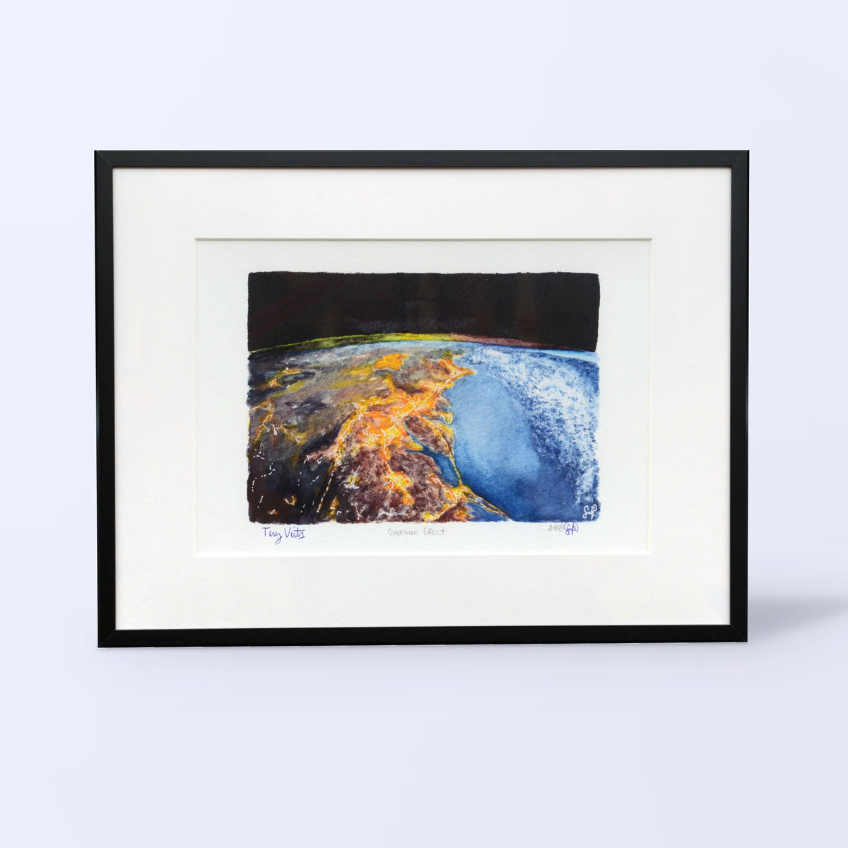 Overview Effect fine art print in a black frame with white mat, front view