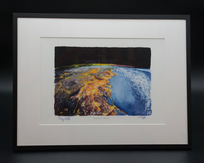 Overview Effect limited edition fine art print depicting the eastern coastline of the United States from orbit with Earth’s thin atmosphere visible. Created by space artist Sina Rathai and hand-signed by former NASA astronaut Terry Virts, this framed A3 artwork is inspired by the astronaut experience of seeing Earth from space and the profound Overview Effect. Created in collaboration with the View from Above exhibition.