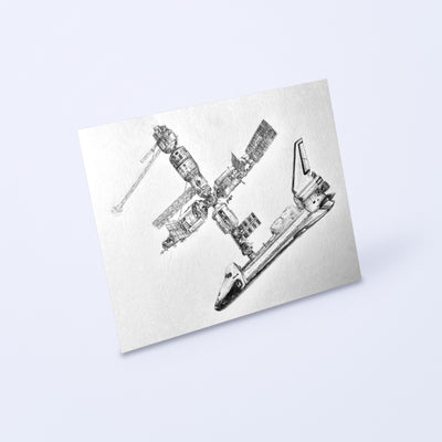 Pencil drawing of a Space Shuttle orbiter and the Mir space station as a fine art print, angled view