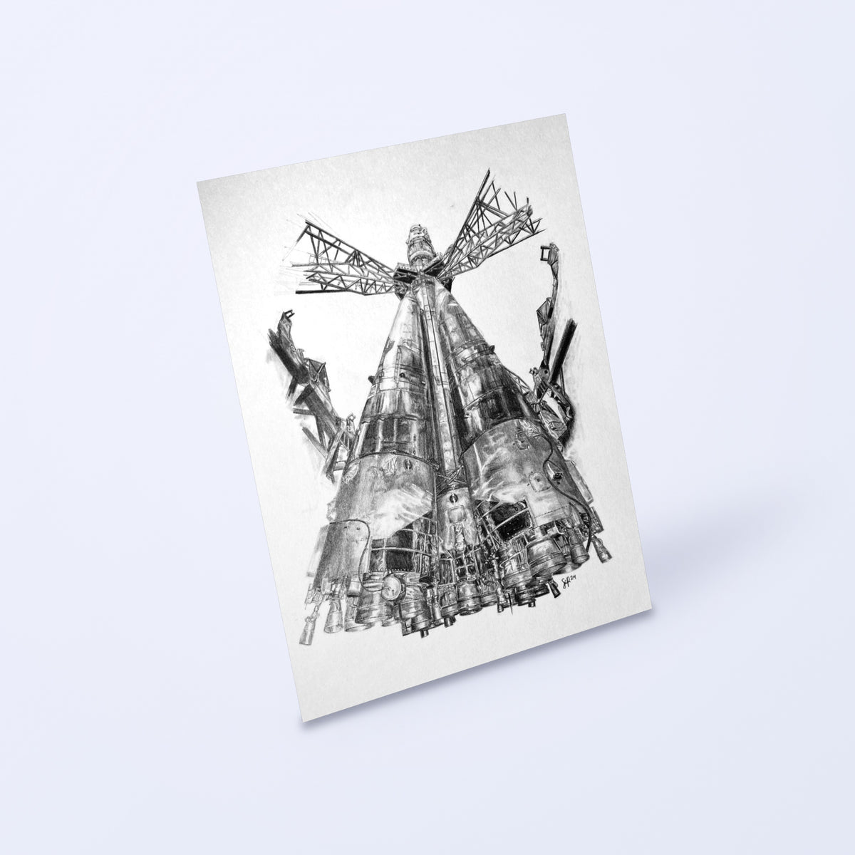 Pencil drawing of a Soyuz rocket on the launch pad as a fine art print, shown at an angle on a light background