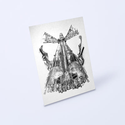 Pencil drawing of a Soyuz rocket on the launch pad as a fine art print, shown at an angle on a light background