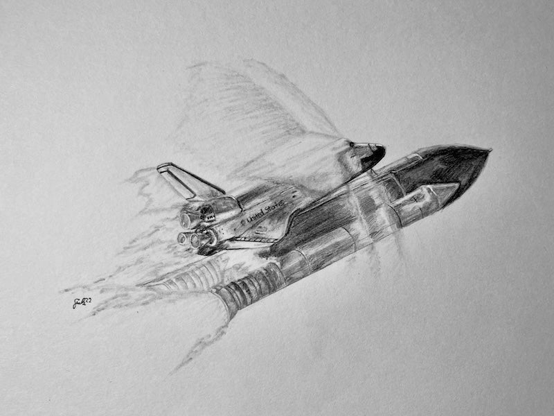 Space Shuttle breaking the sound barrier depicted in a detailed pencil drawing, capturing the power and speed of atmospheric flight in a fine art print by a space artist.